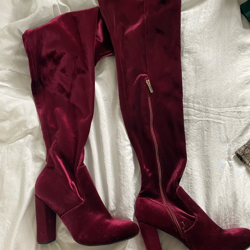 Thigh high red velvet heels!! Size 8